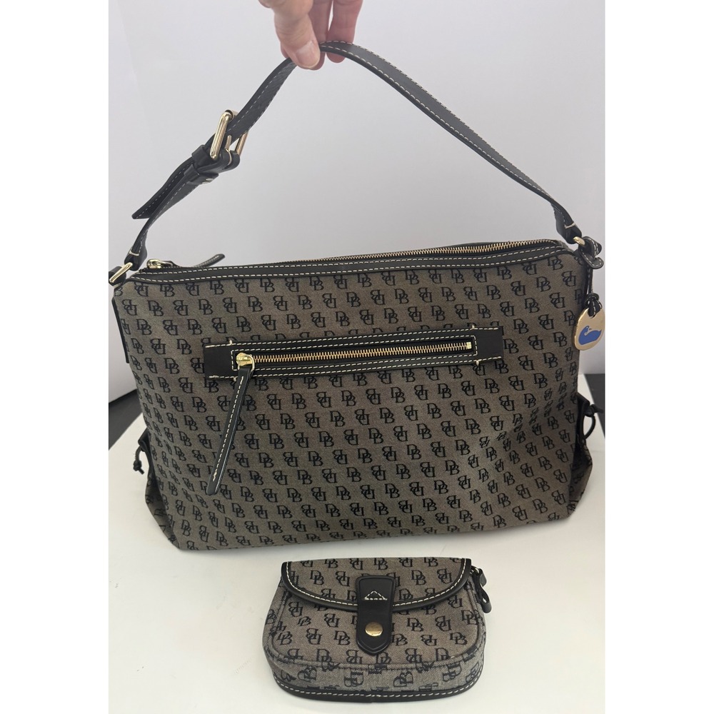 Dooney & Bourke Signature Logo Black Gray Canvas Shoulder Bag with Pouch